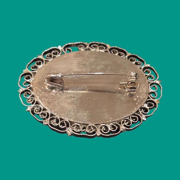 Italian Vintage Micro Mosaic Glass Floral Brooch Pin Silver Tone Filigree Border - Picture 8 of 10